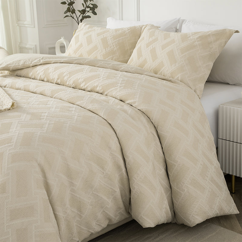 Smartex 3pc Modern Geometric Cotton Waffle Jacquard Comforter Set – Neutral Beige & Gray(Price please ask customer service)Full set High-end college students