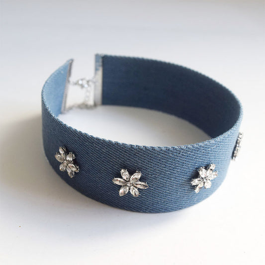 CHUANYANG  Chokers  Fabric wide edge gemstone rhinestone headband, denim blue hair band, retro pressed hair, high-end feel hair clip